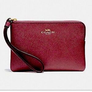 Boxed Coach Leather Metallic Wristlet with Strap Red Berry NEW